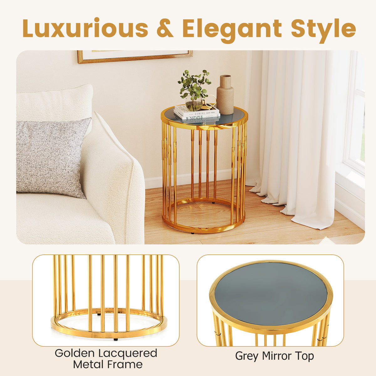 40CM Round Coffee Table Small Glass Side Table-Golden