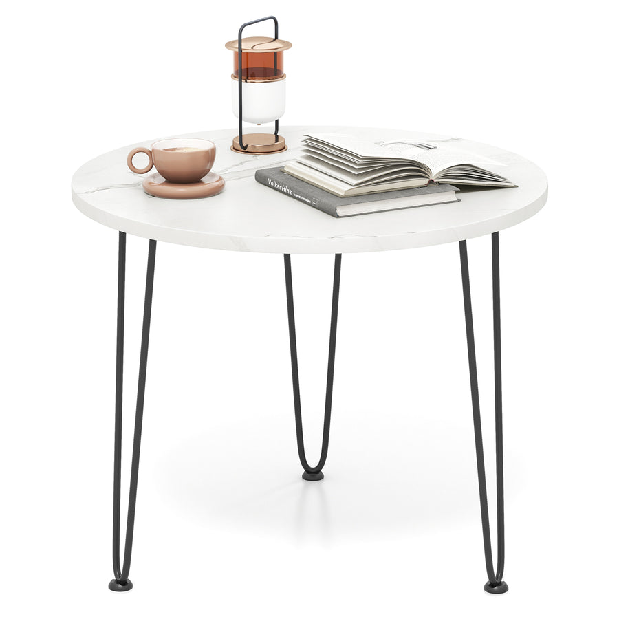 Round Coffee Table Small Faux Marble Accent Table with Thickened Tabletop and Metal Tripod Legs-White