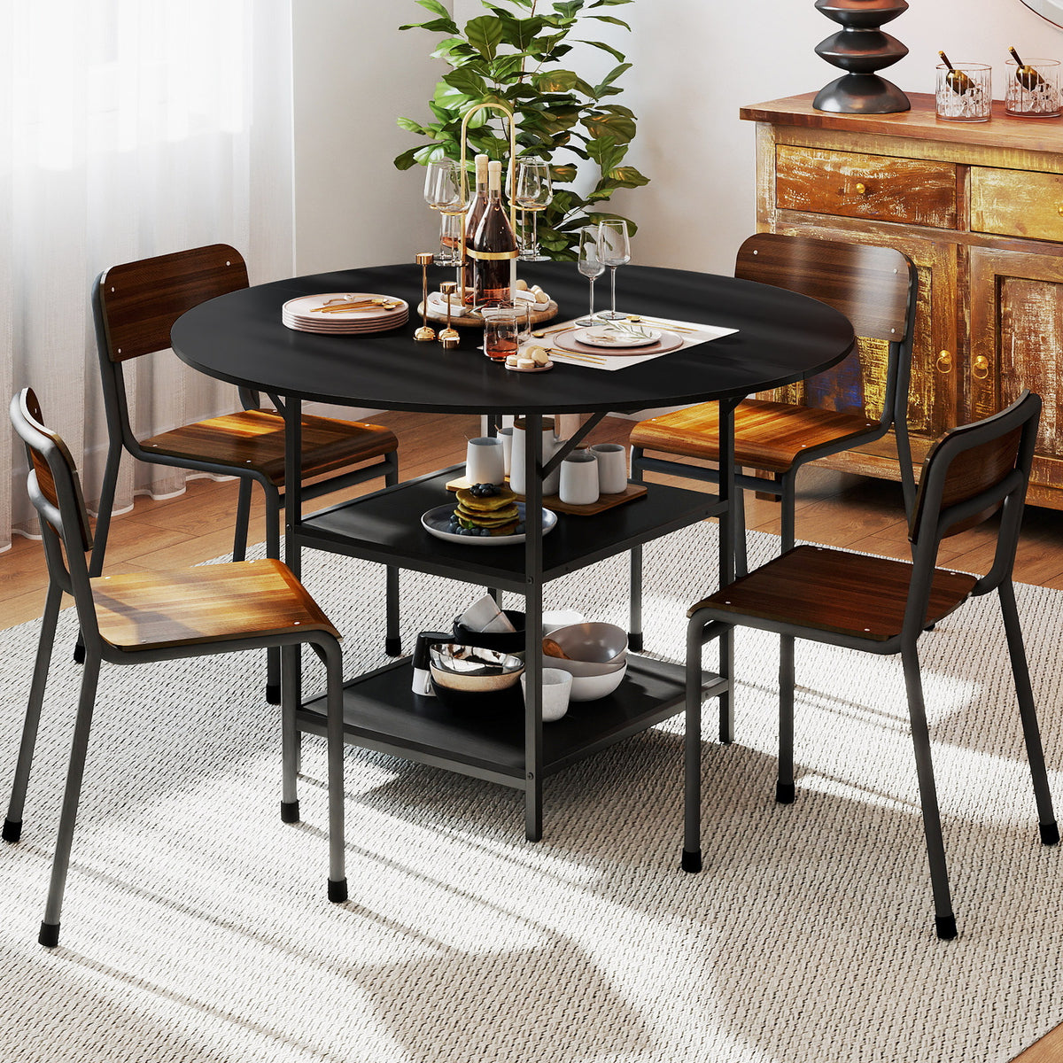 120 CM Round Dining Table with 2-Tier Storage Shelf and Heavy-duty Metal Frame-Black