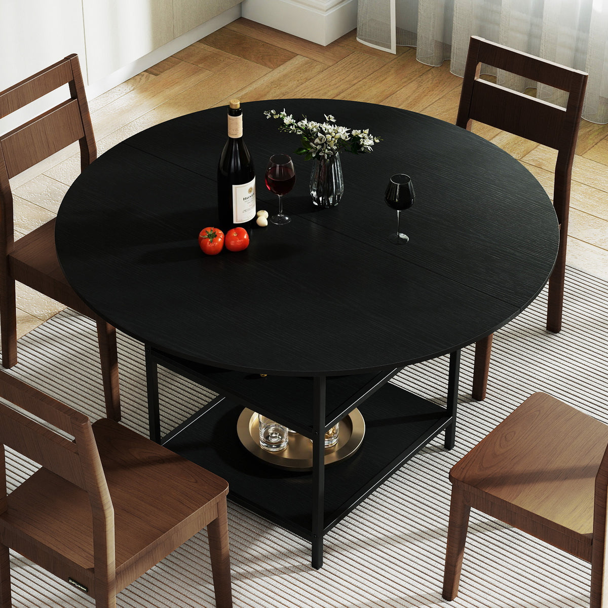 120 CM Round Dining Table with 2-Tier Storage Shelf and Heavy-duty Metal Frame-Black