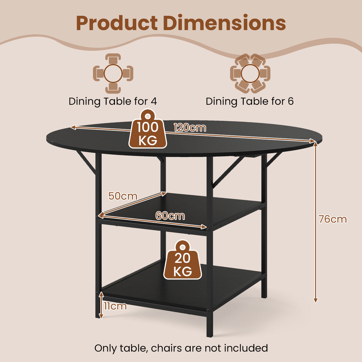 120 CM Round Dining Table with 2-Tier Storage Shelf and Heavy-duty Metal Frame-Black