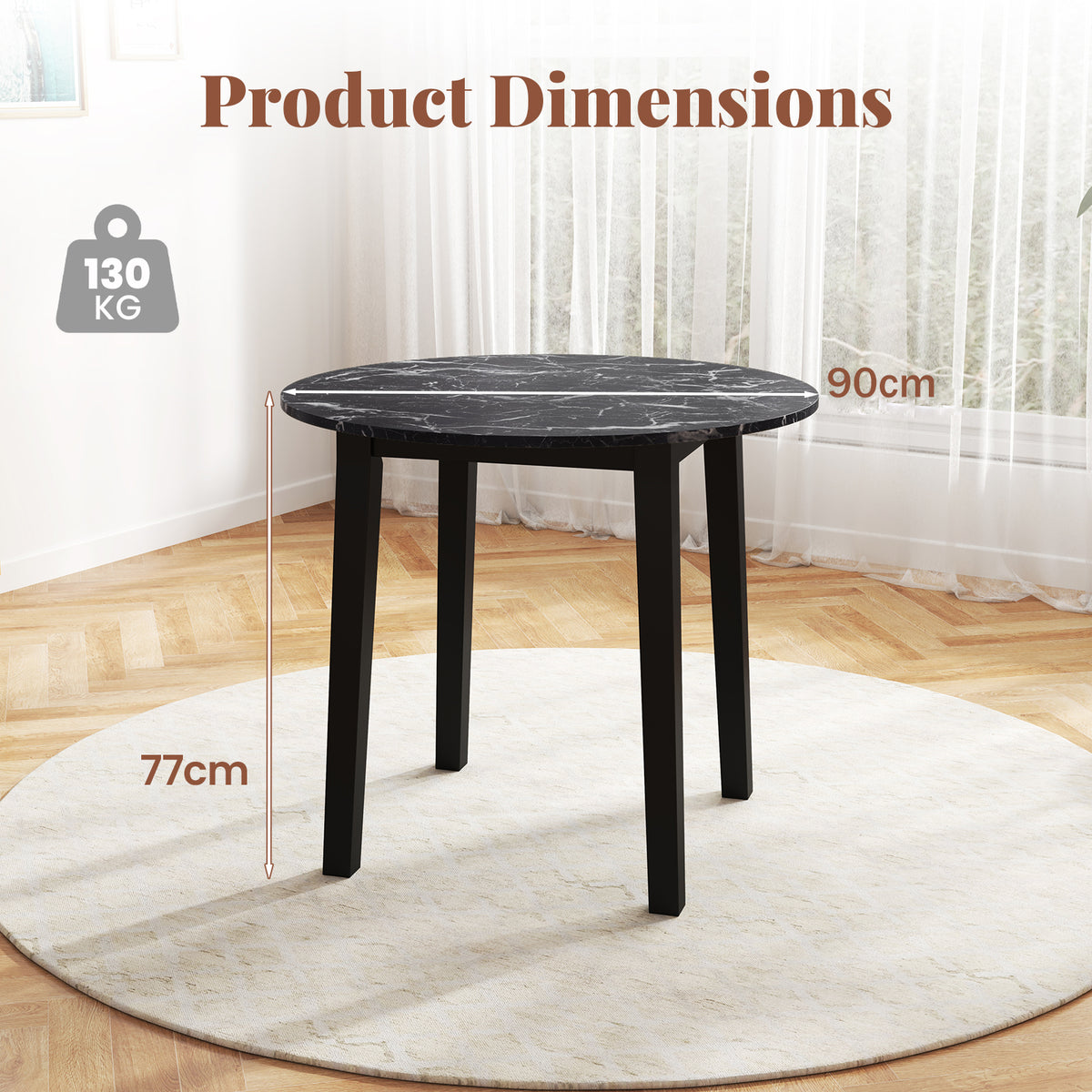 Round Dining Table with Rubber Wood Legs and Marble-textured Veneer Tabletop-Black