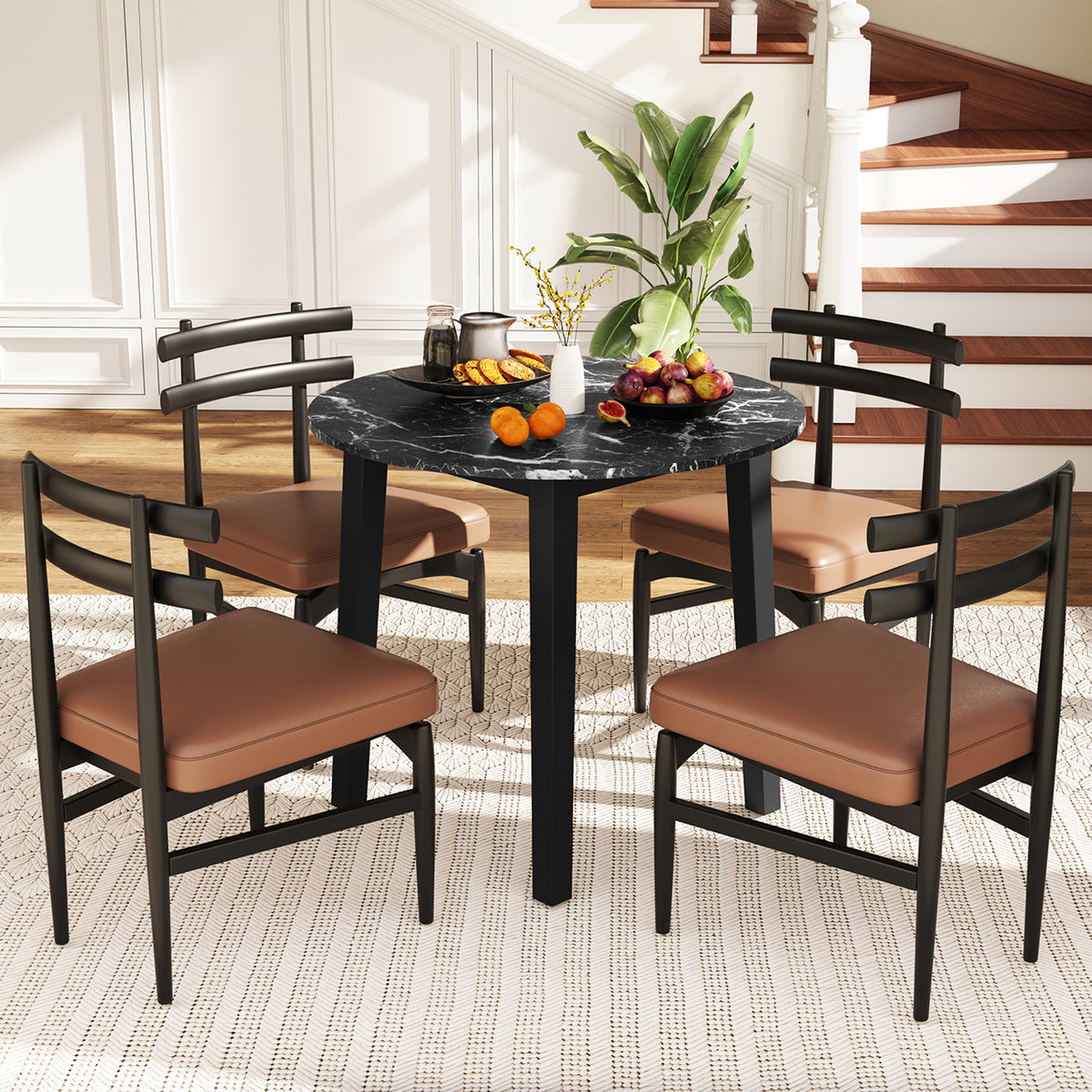 Round Dining Table with Rubber Wood Legs and Marble-textured Veneer Tabletop-Black