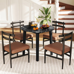 Round Dining Table with Rubber Wood Legs and Marble-textured Veneer Tabletop-Black