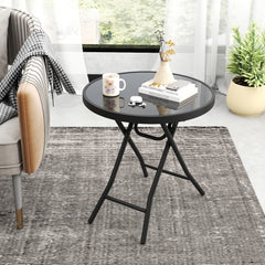 Round Folding Side Patio Coffee Table with Tempered Glass Tabletop-Black