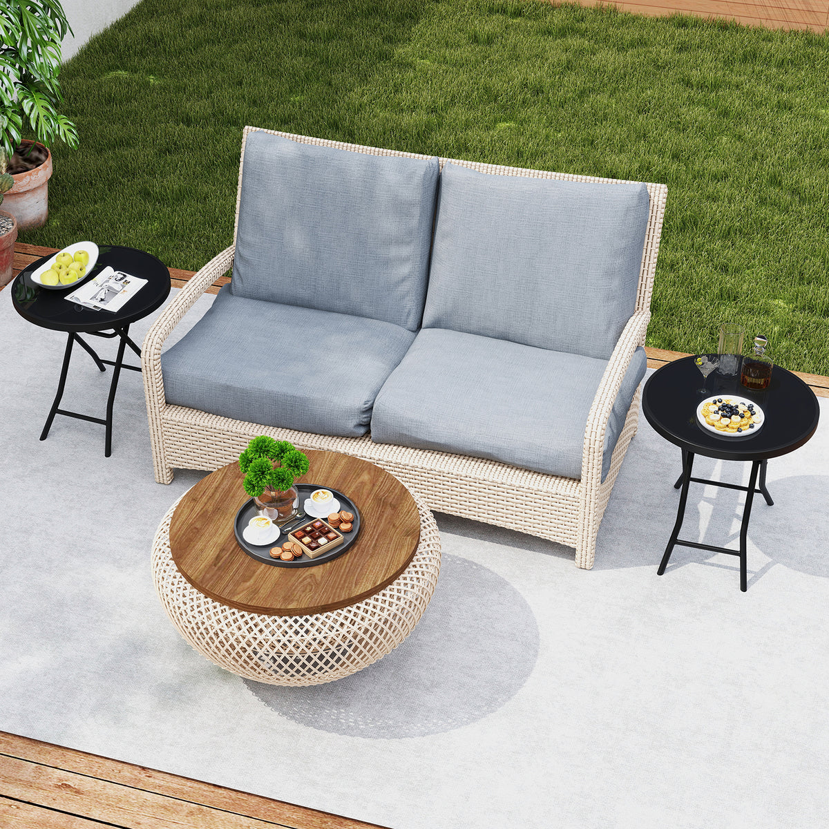 Round Folding Side Patio Coffee Table with Tempered Glass Tabletop-Black