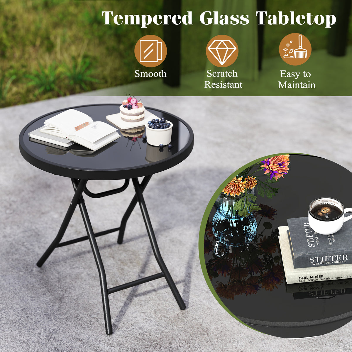 Round Folding Side Patio Coffee Table with Tempered Glass Tabletop-Black