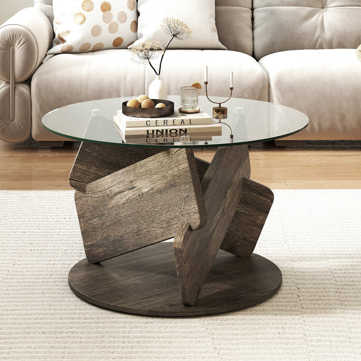 Round Glass Coffee Table 81cm Modern Center Table with Tempered Glass Top-Grey