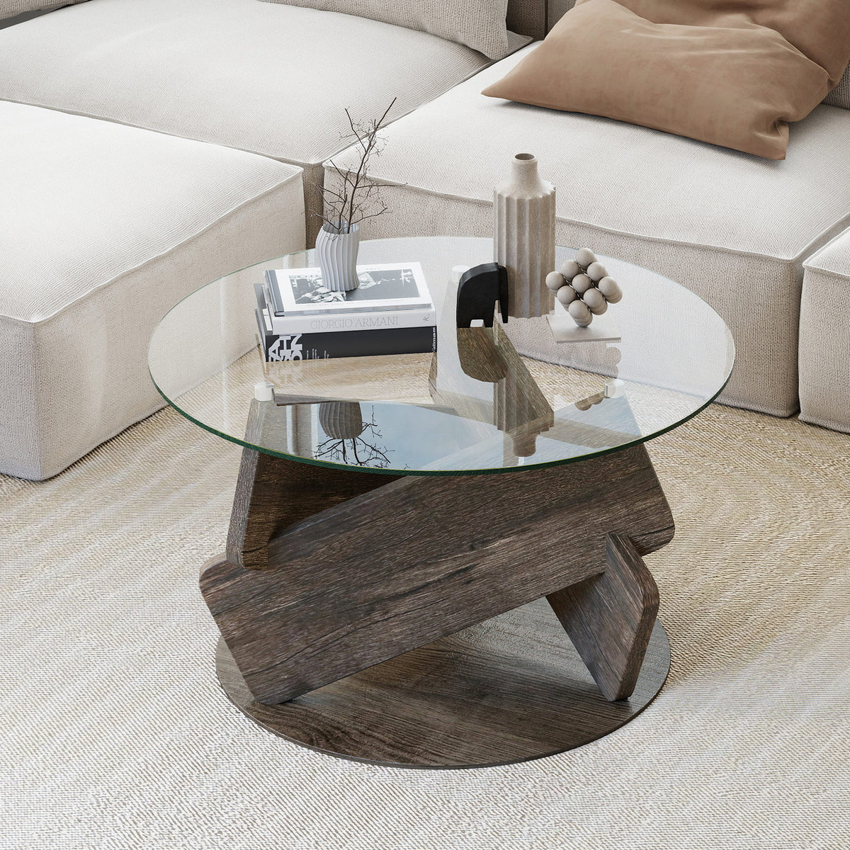 Round Glass Coffee Table 81cm Modern Center Table with Tempered Glass Top-Grey