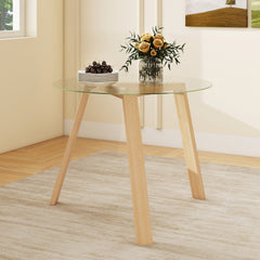 Round Glass Dining Table with Tempered Glass Tabletop for 4 People-Natural