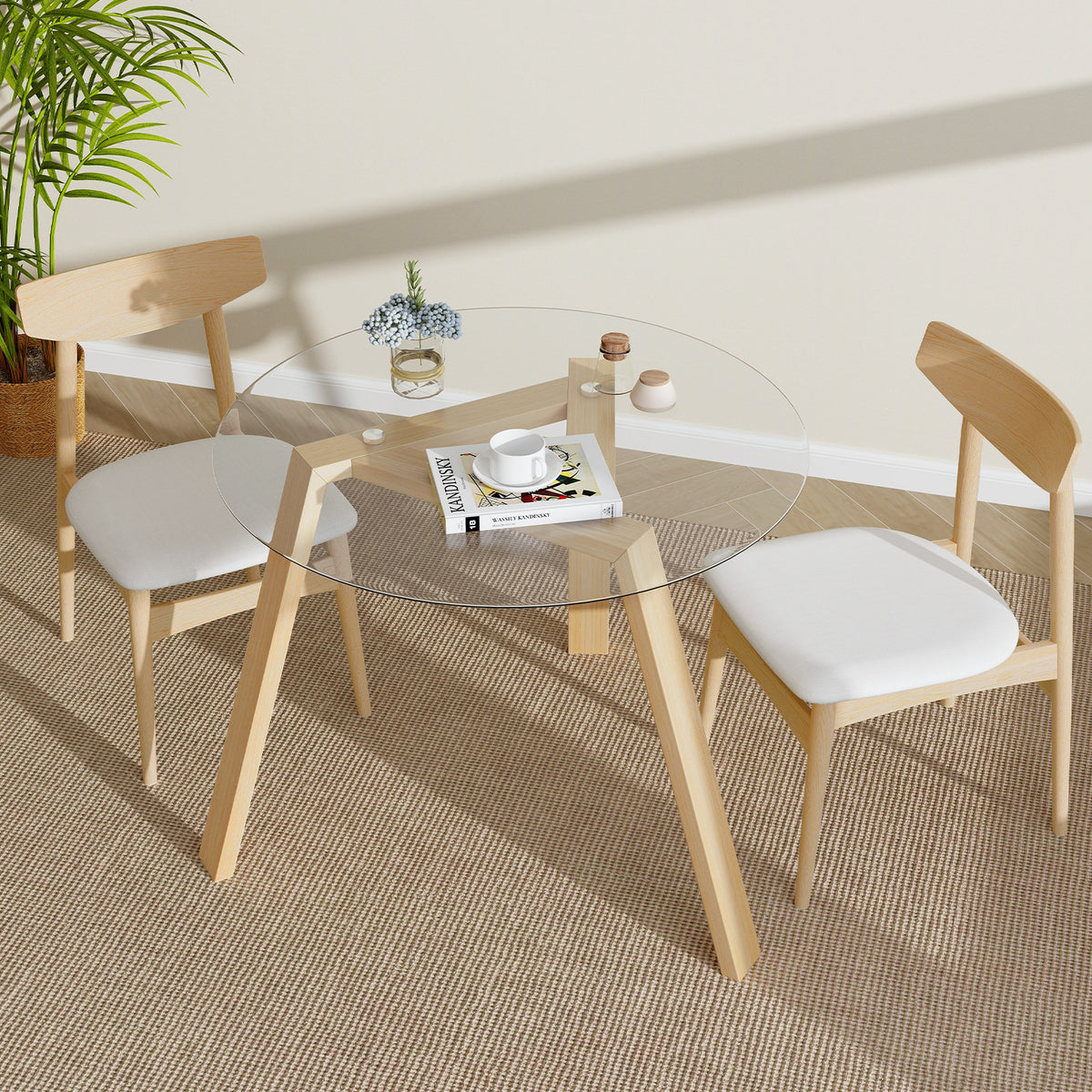 Round Glass Dining Table with Tempered Glass Tabletop for 4 People-Natural