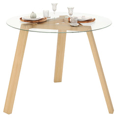 Round Glass Dining Table with Tempered Glass Tabletop for 4 People-Natural