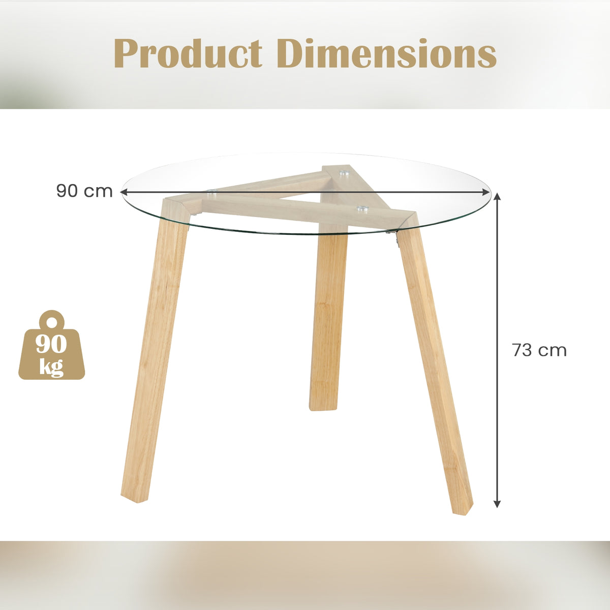 Round Glass Dining Table with Tempered Glass Tabletop for 4 People-Natural