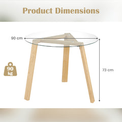 Round Glass Dining Table with Tempered Glass Tabletop for 4 People-Natural