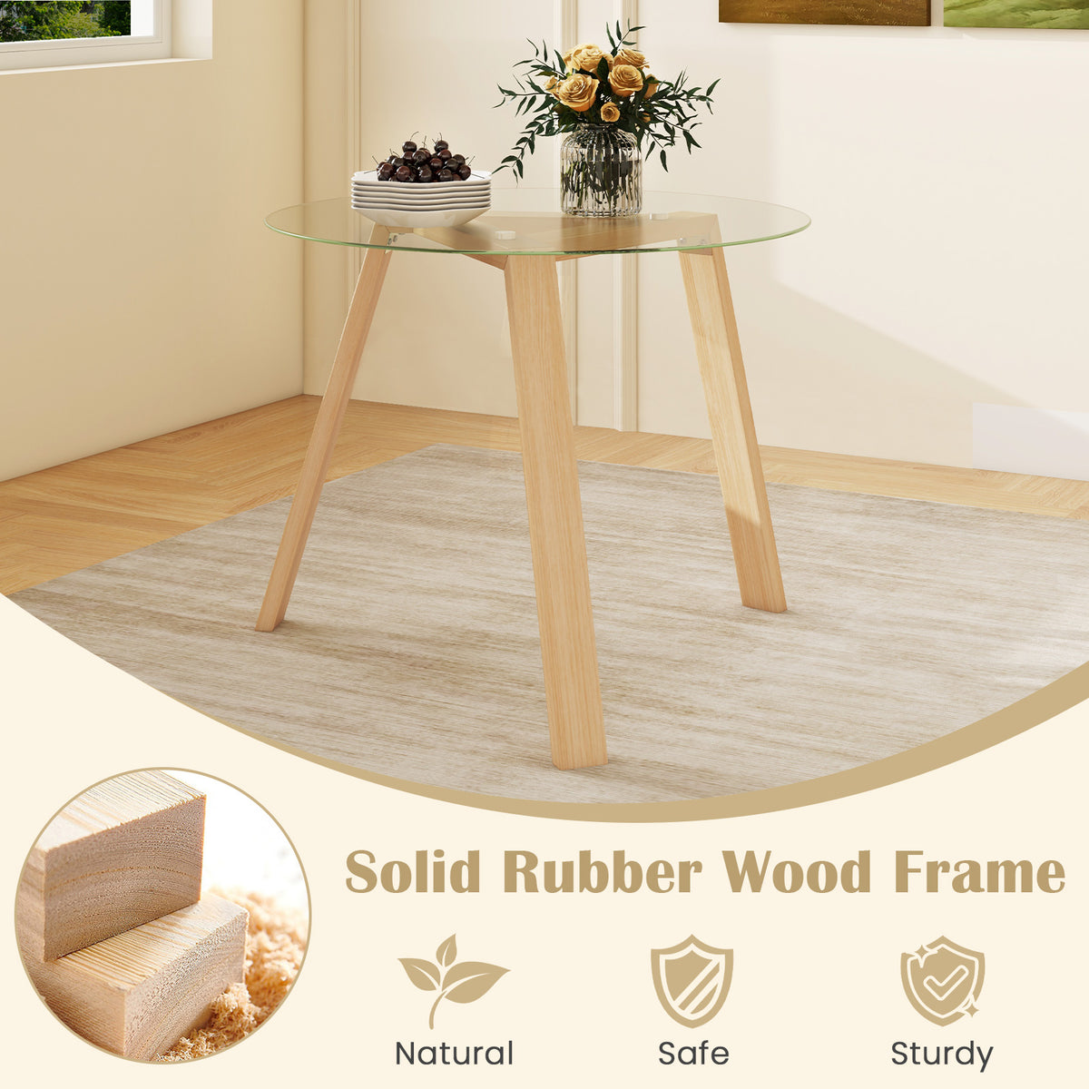 Round Glass Dining Table with Tempered Glass Tabletop for 4 People-Natural