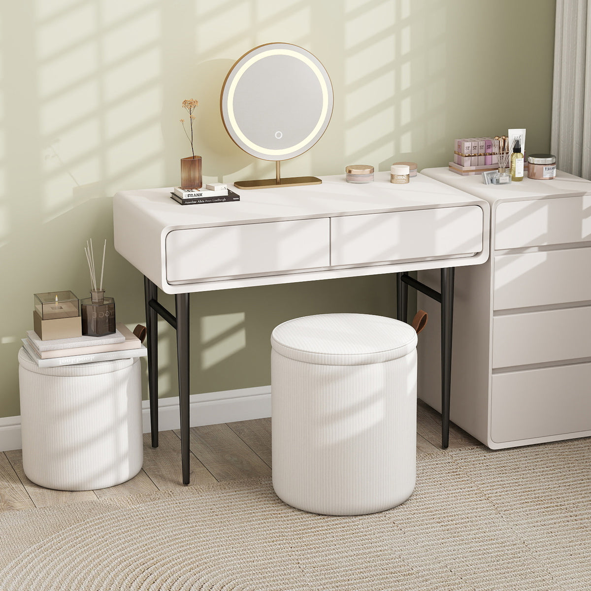 Round Ottoman with Storage Set of 2 with Removable Lids and Padded Seats-Beige