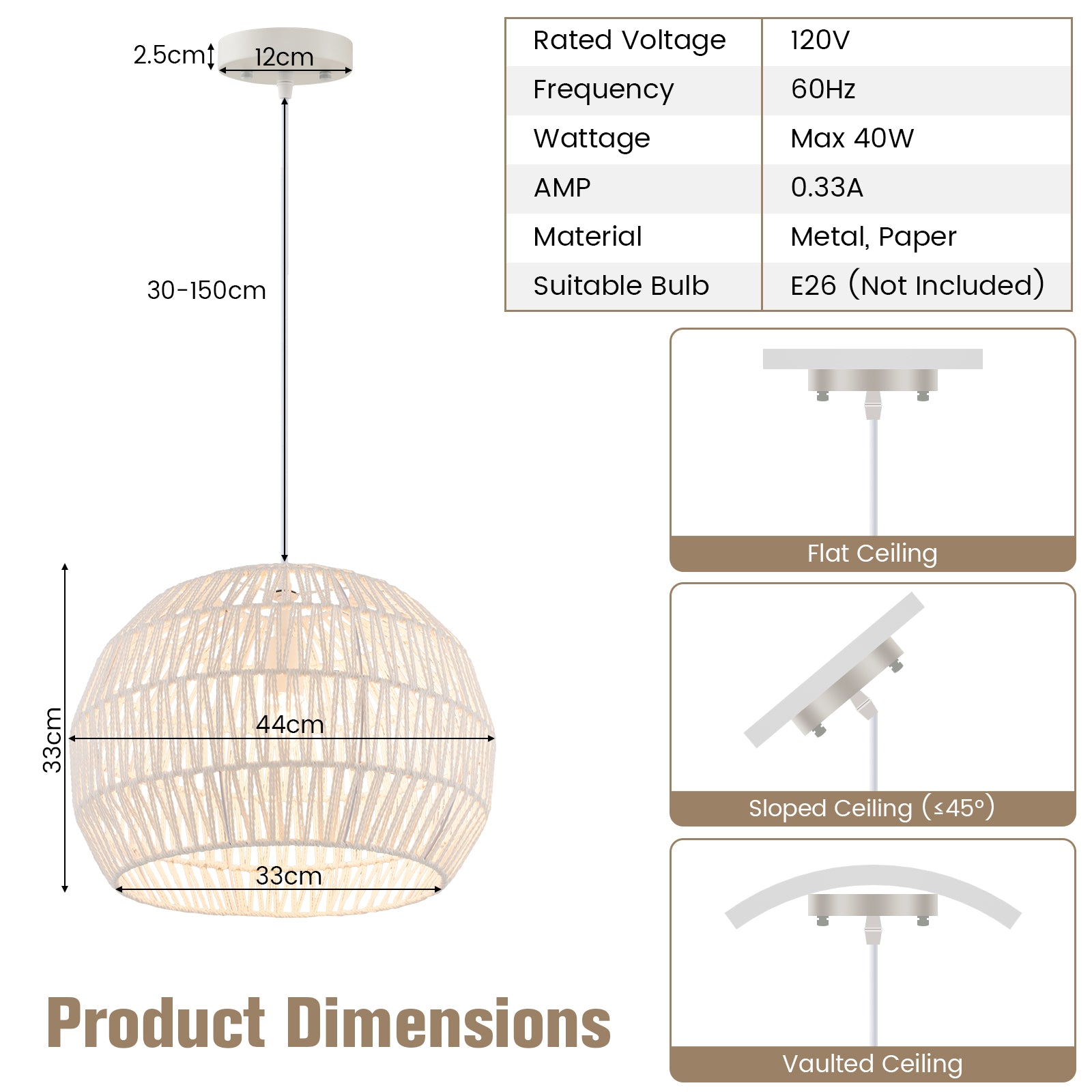 Round Paper Pendant Ceiling Light with Adjustable Hanging Rope-Beige