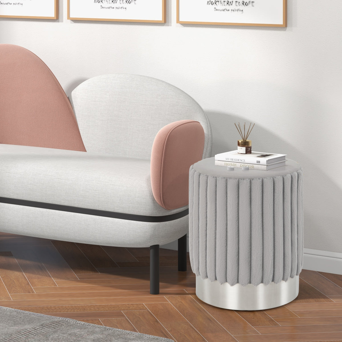 Upholstered Footrest Stool with Decorative Vertical Tufting and Heavy-duty Metal Base-Grey