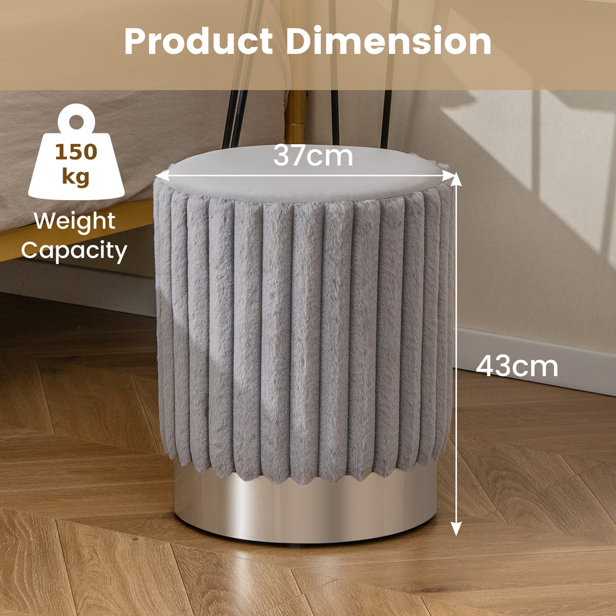 Upholstered Footrest Stool with Decorative Vertical Tufting and Heavy-duty Metal Base-Grey