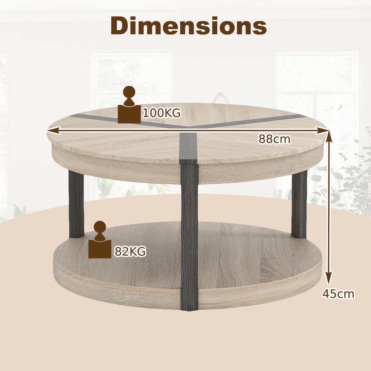 2-Tier Round Coffee Table with Storage Shelf-Oak