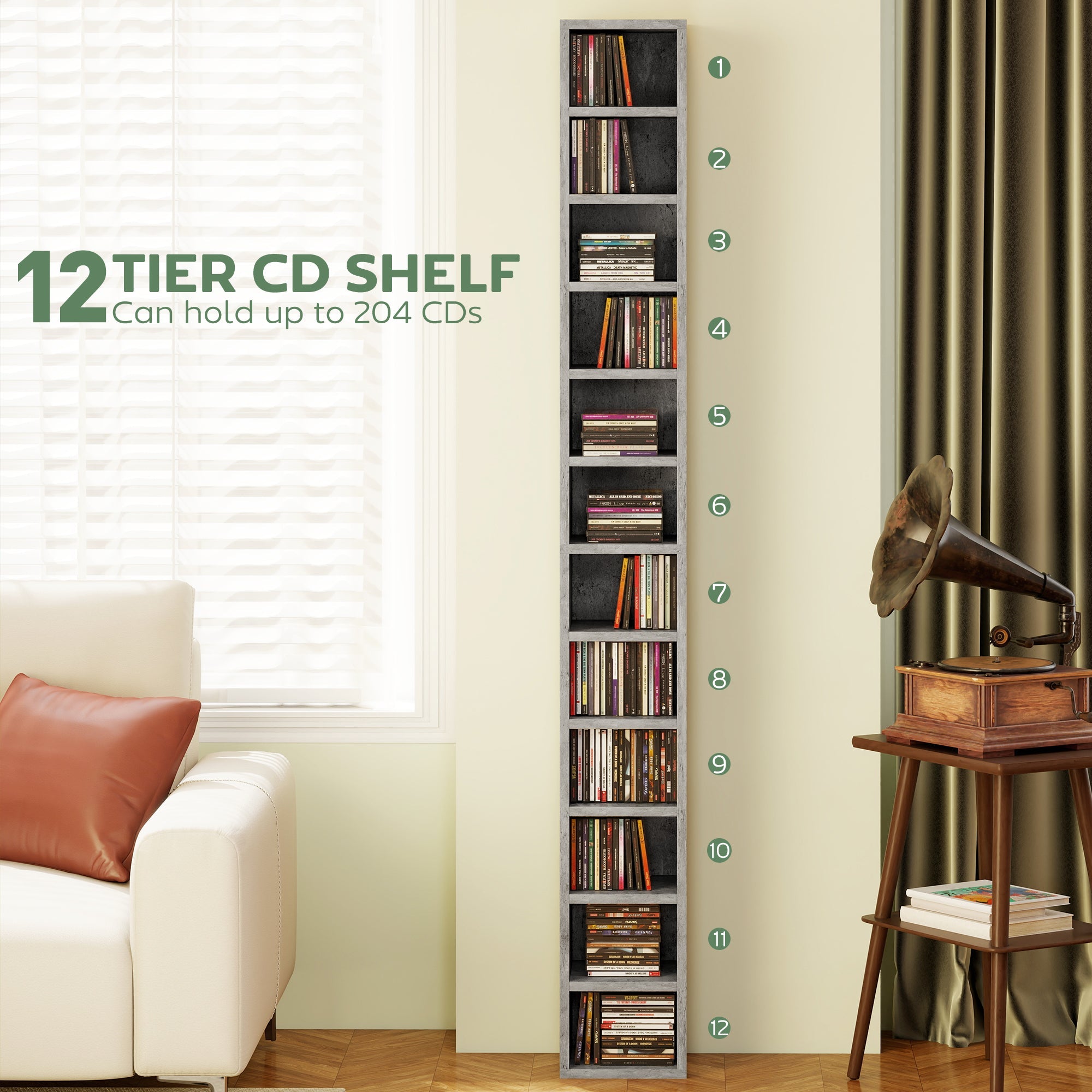 HOMCOM 204 CD Tall Narrow Media Storage Tower - Cement Grey