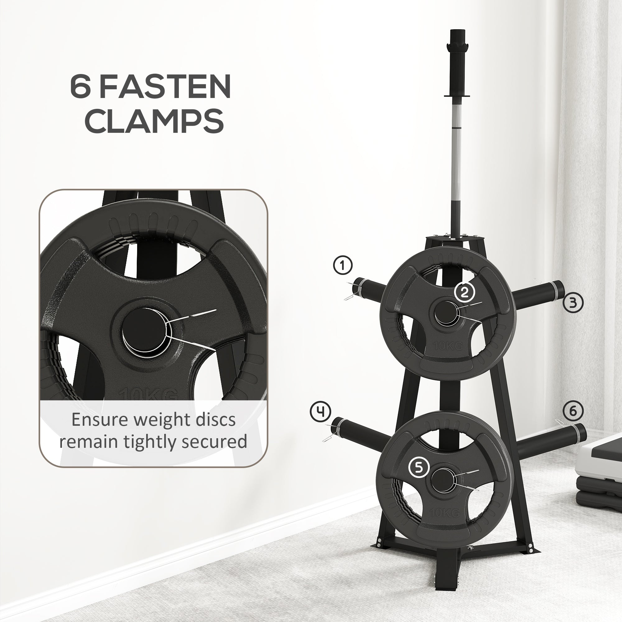 SPORTNOW Weight Tree Weight Rack for 5cm Weight Plates and Barbell Bar with 6 Fasten Clamps, 300kg Capacity