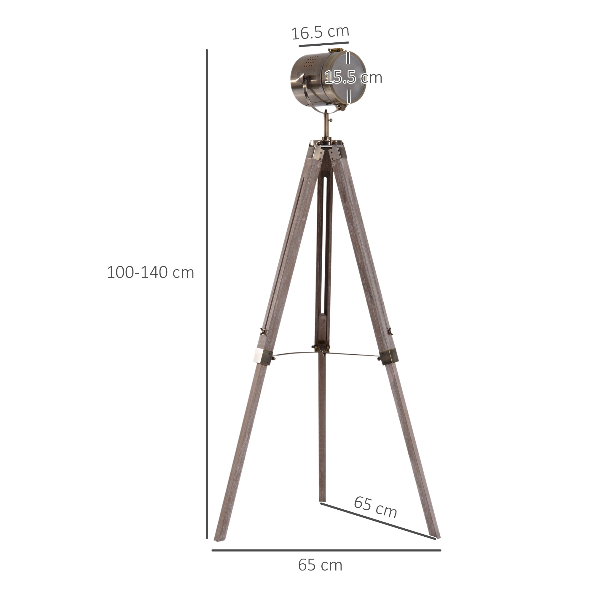 HOMCOM Industrial Tripod Floor Lamp, Nautical Searchlight with Adjustable Height, Wood Legs, E14 Lamp Base for Living Room, Bedroom, Grey and Bronze
