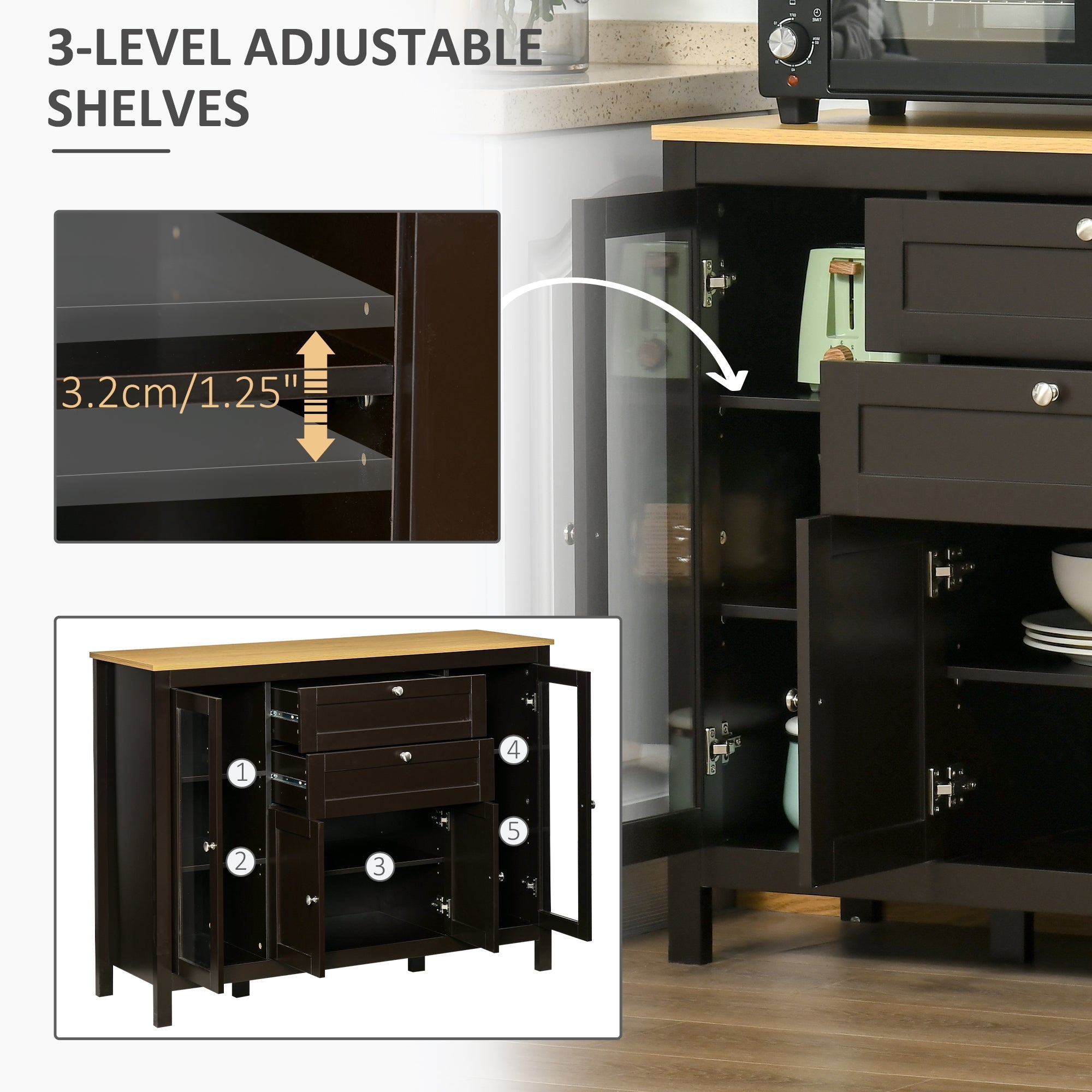 HOMCOM Modern Storage Cabinet, Sideboard with Oak Top, 4 Doors, 2 Drawers and 5 Adjustable Shelves, Black Brown