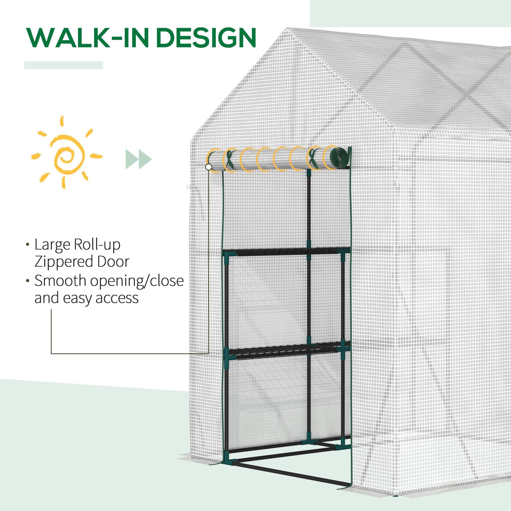 Outsunny Walk In Greenhouse with 2 Tier Shelf, Portable Gardening Plant Grow House Tomato Greenhouse with Roll up Zip Panel Door, Reinforced PE Cover, 143 x 143 x 195cm, Green