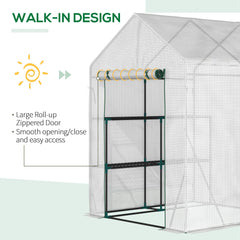 Outsunny Walk In Greenhouse with 2 Tier Shelf, Portable Gardening Plant Grow House Tomato Greenhouse with Roll up Zip Panel Door, Reinforced PE Cover, 143 x 143 x 195cm, Green