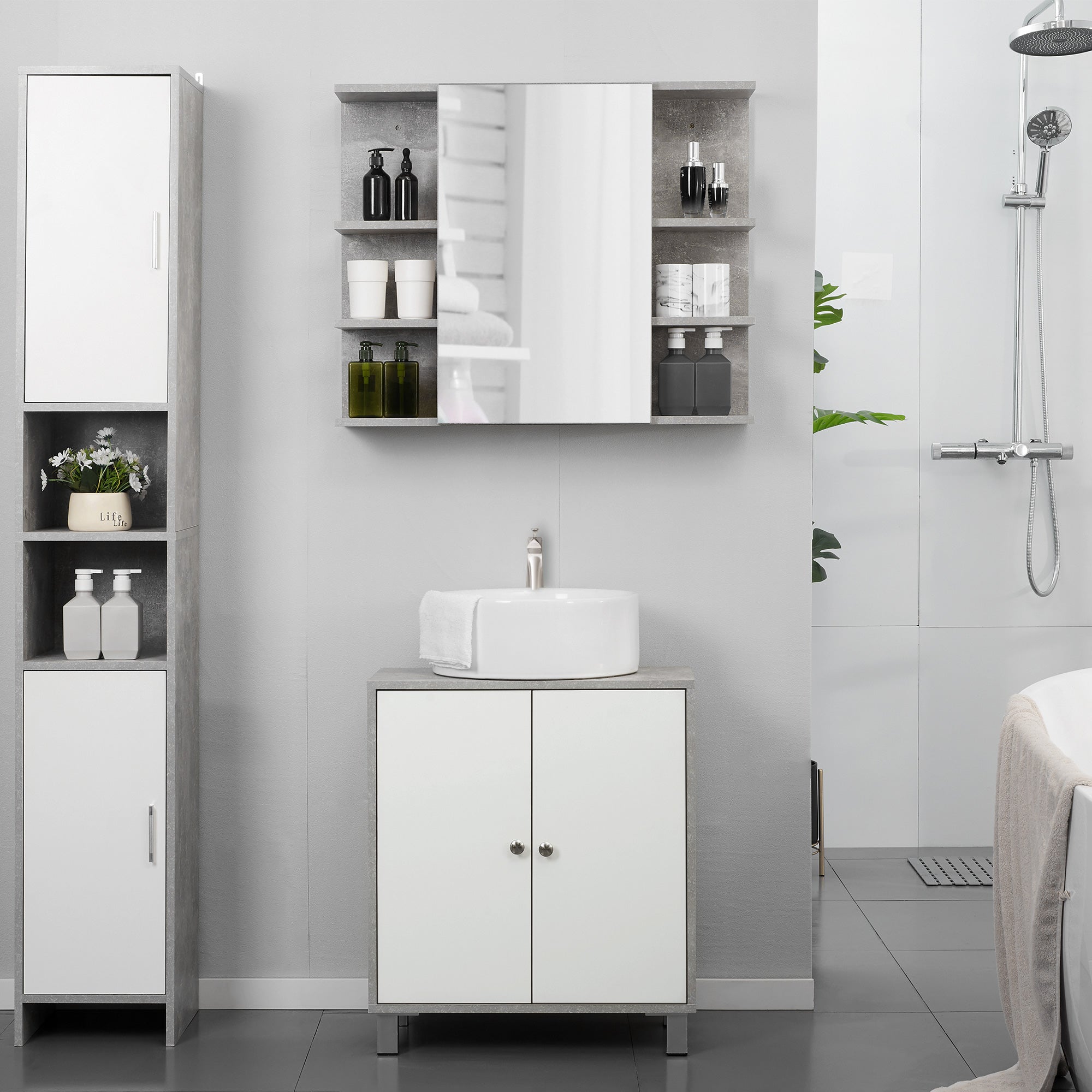 kleankin Under Sink Cabinet, Bathroom Vanity Unit, Storage Cupboard with Adjustable Shelves, White and Grey