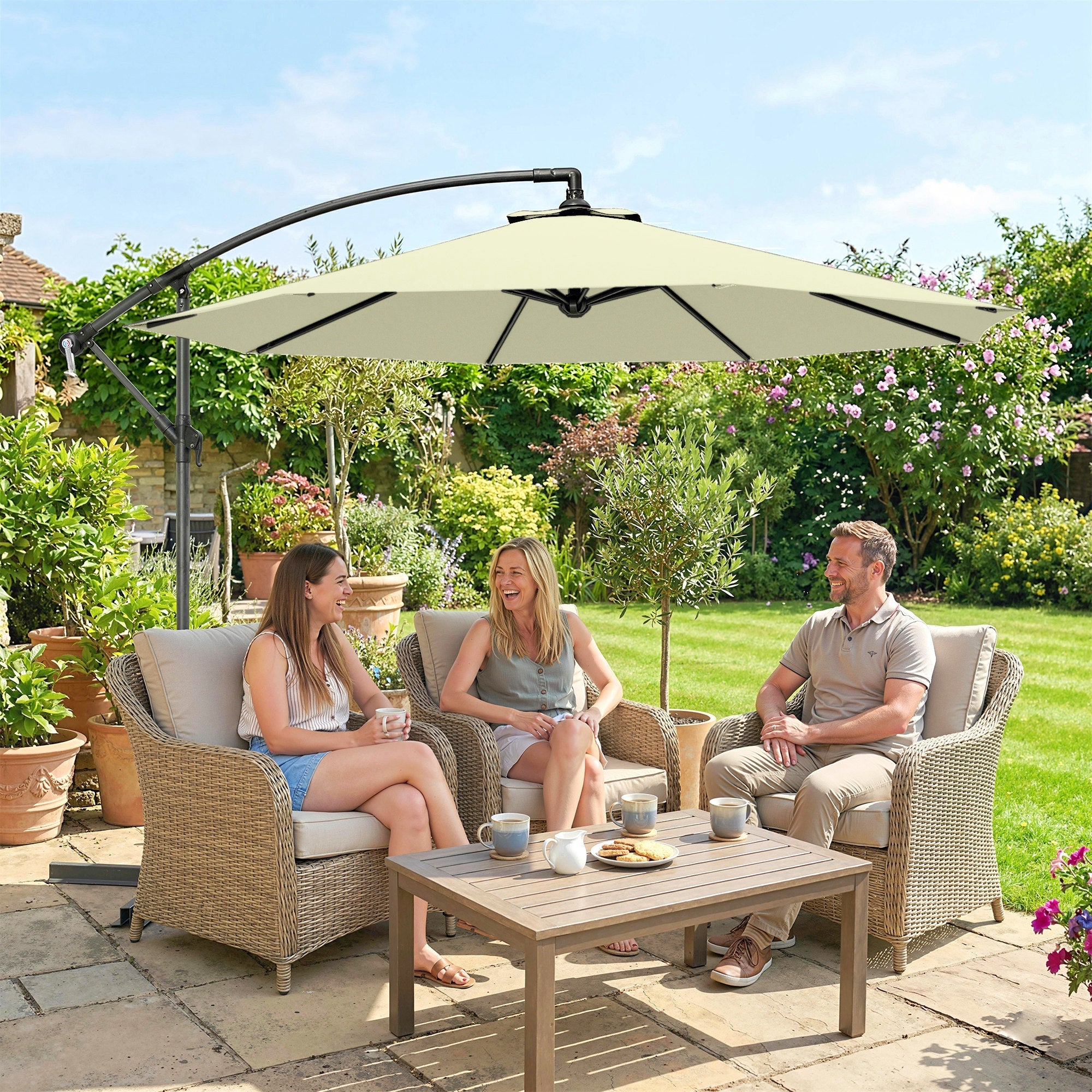 Outsunny 3m Overhanging Cantilever Parasol, with Cross Base - Beige