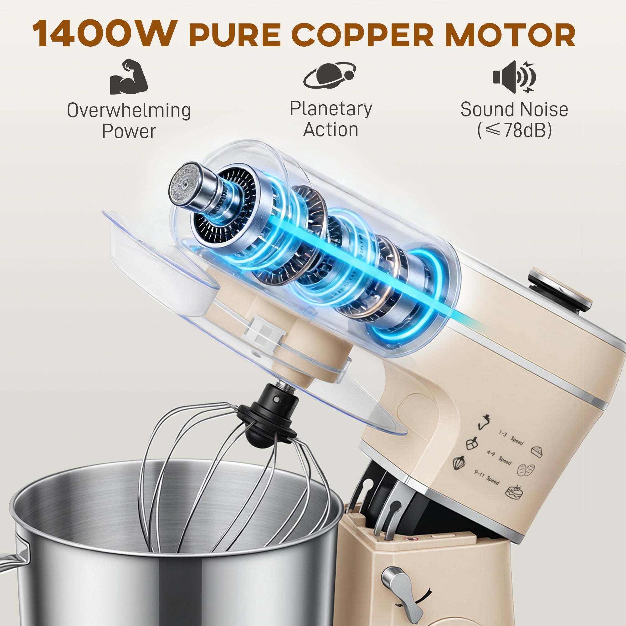 HOMCOM Stand Mixer, 6L 1400W Tilt-Head Food Mixer with 11 Speeds, Pulse & Fermentation Function, LED Display, Cream