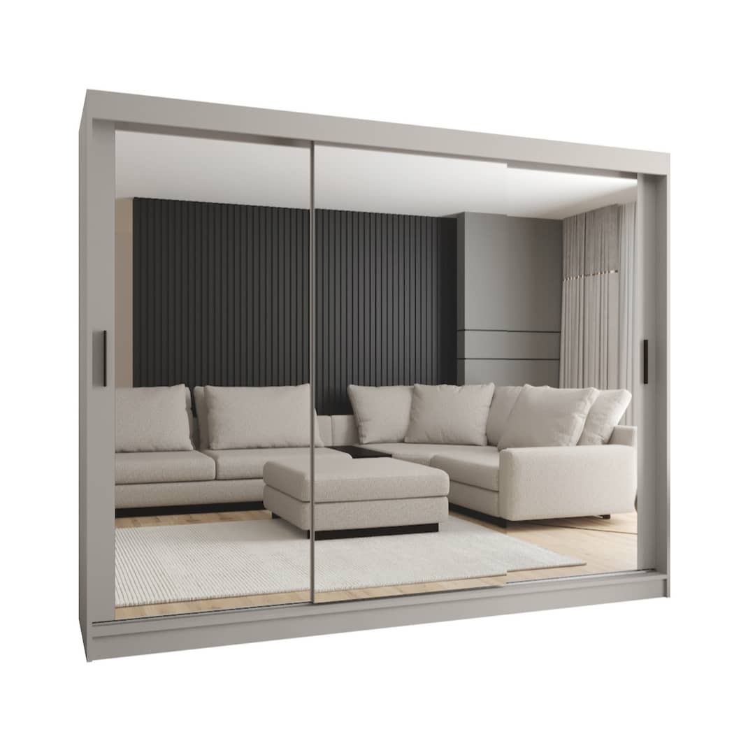 A light grey sliding door wardrobe with mirrored doors standing in a bright room