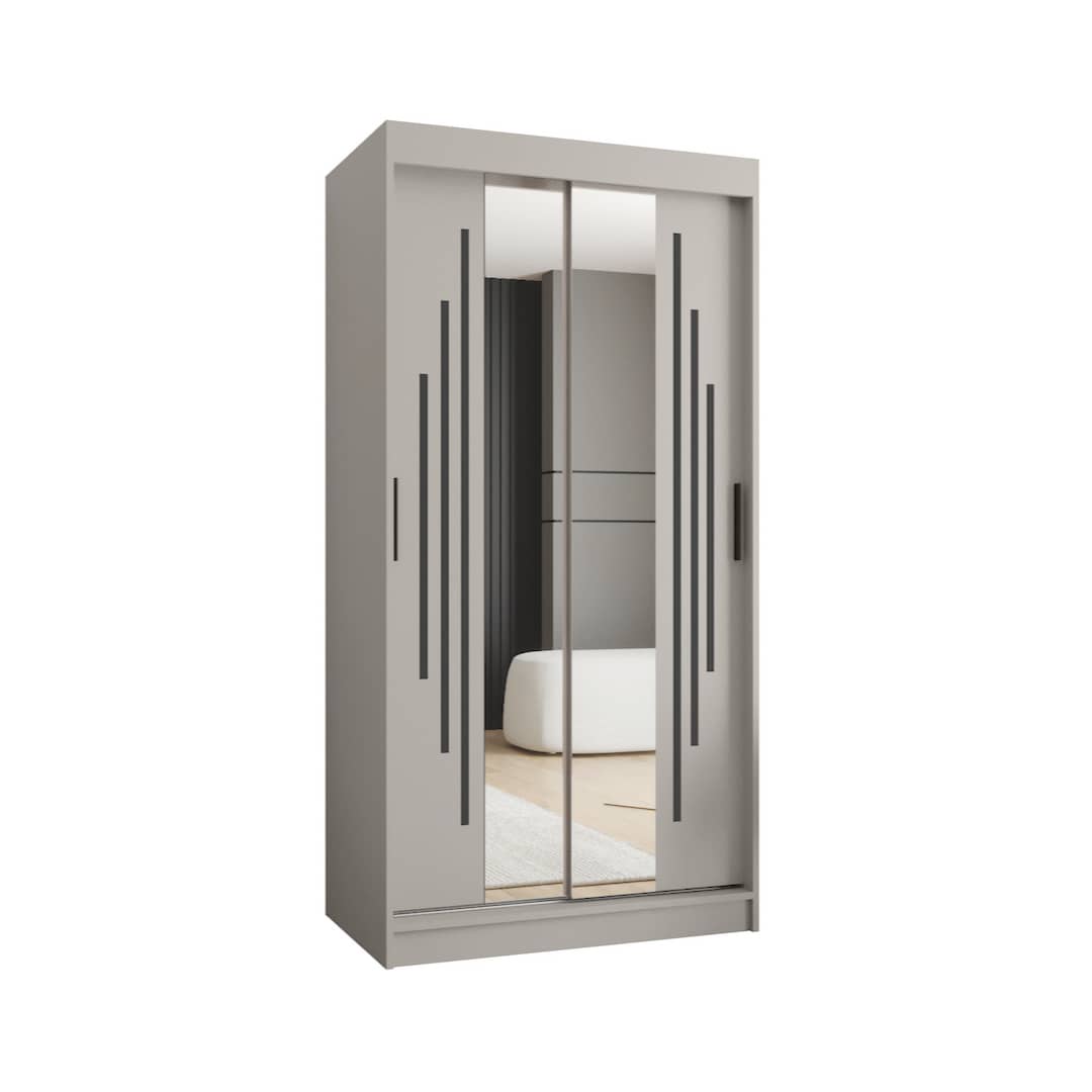 Grey sliding door wardrobe with mirrored doors and decorative vertical lines
