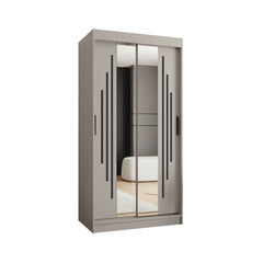 Grey sliding door wardrobe with mirrored doors and decorative vertical lines
