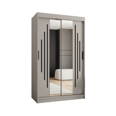 Closed front view of the light grey sliding door wardrobe with mirrored doors