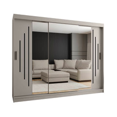 Sliding door wardrobe in grey with mirrored doors reflecting a room
