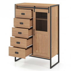 Rustic Storage Organizer with Sliding Door 5 Drawers and Adjustable Shelves for Bathroom-Natrual