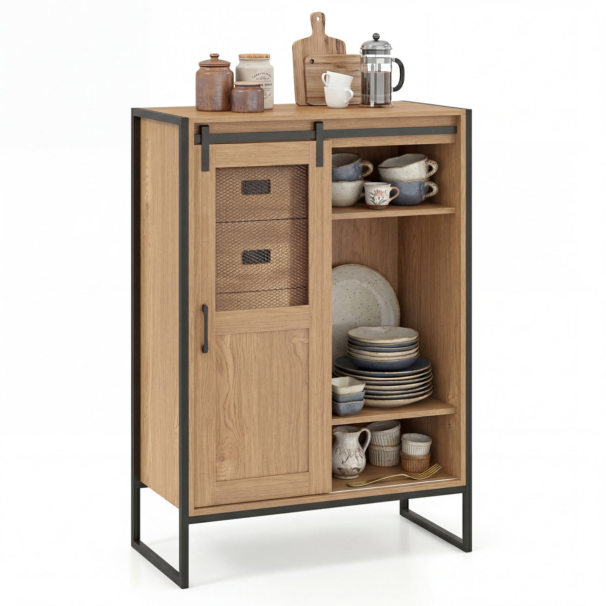 Rustic Storage Organizer with Sliding Door 5 Drawers and Adjustable Shelves for Bathroom-Natrual