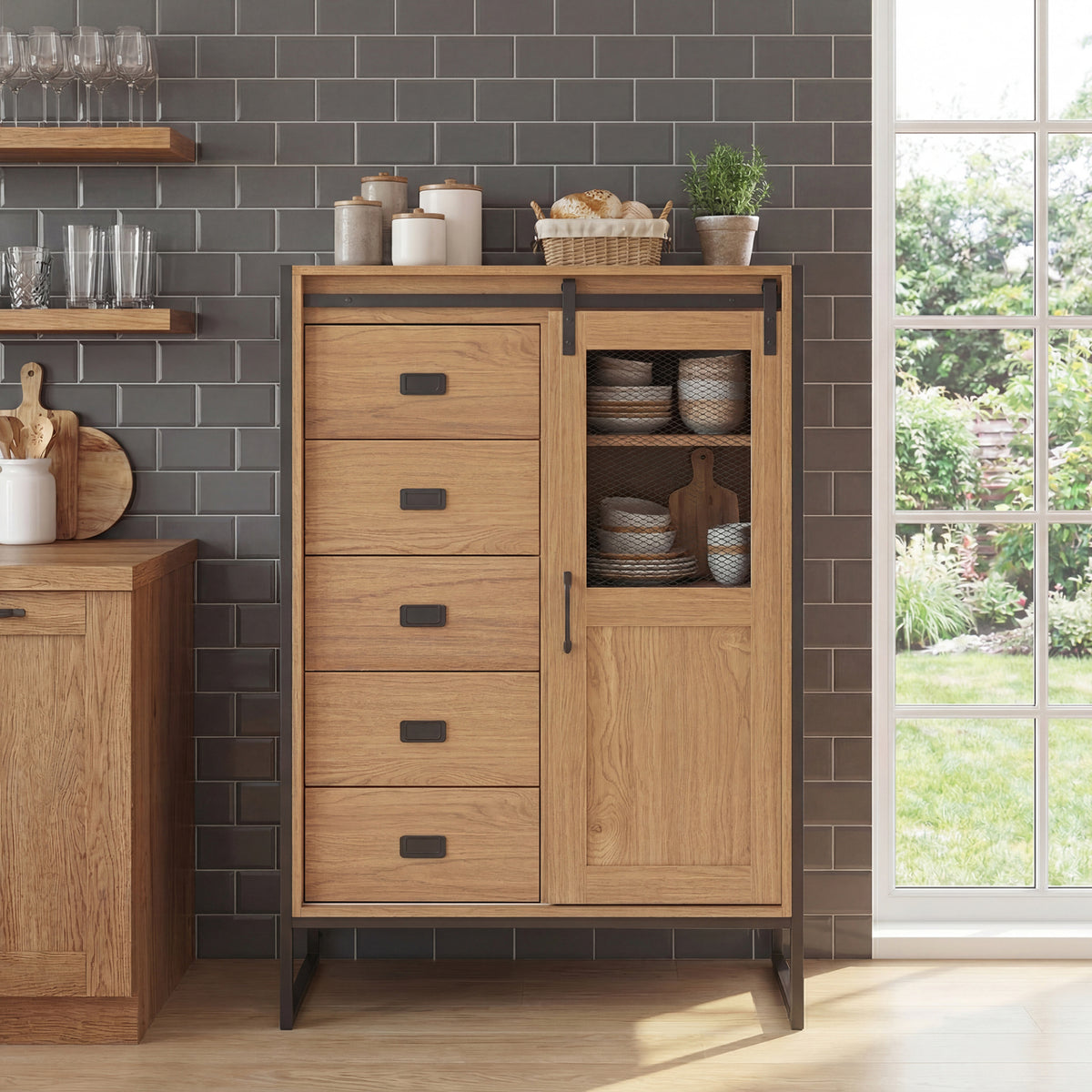 Rustic Storage Organizer with Sliding Door 5 Drawers and Adjustable Shelves for Bathroom-Natrual