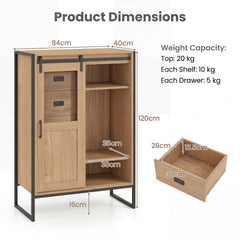 Rustic Storage Organizer with Sliding Door 5 Drawers and Adjustable Shelves for Bathroom-Natrual