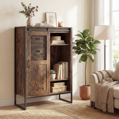 Rustic Storage Organizer with Sliding Door 5 Drawers and Adjustable Shelves for Bathroom-Rustic Brown