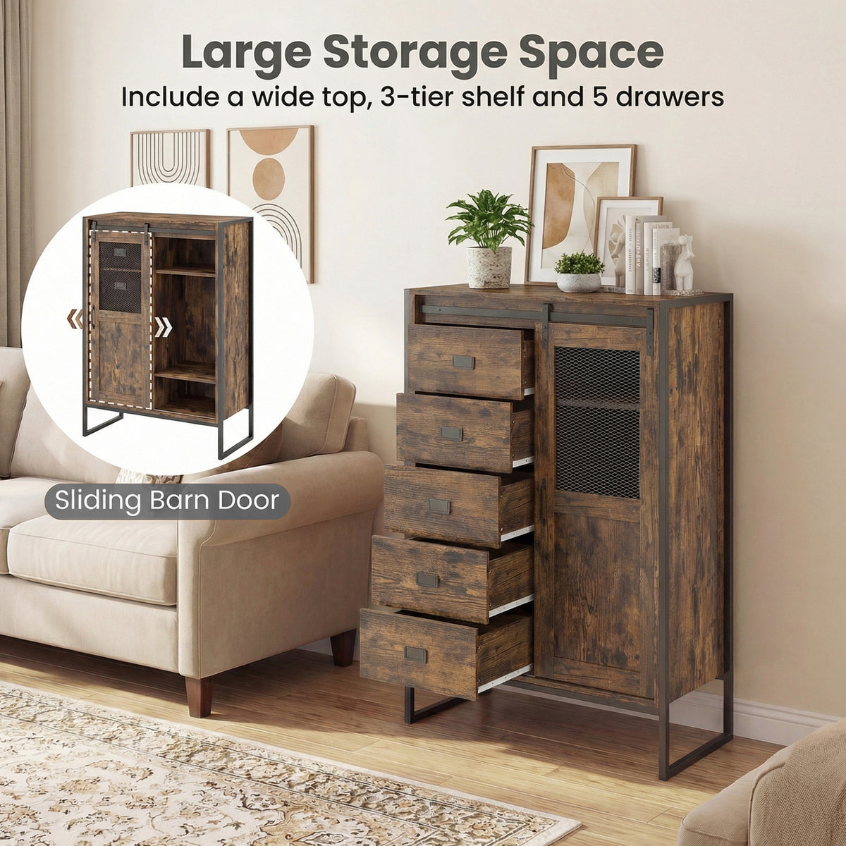 Rustic Storage Organizer with Sliding Door 5 Drawers and Adjustable Shelves for Bathroom-Rustic Brown