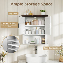 The wall cabinet with doors open to show adjustable shelving and an open storage compartment