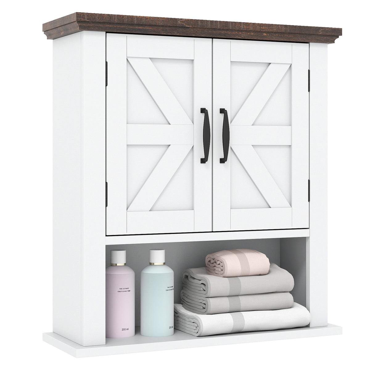 The wall cabinet with two doors and an open shelf holding toiletries and folded towels