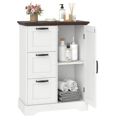 The floor cabinet with three drawers and a side cupboard door open to show storage space