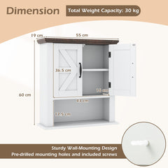 The wall cabinet showing dimensions and a close-up of the wall mounting hardware