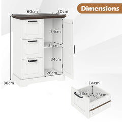 The floor cabinet showing overall dimensions and a detached view of a single drawer