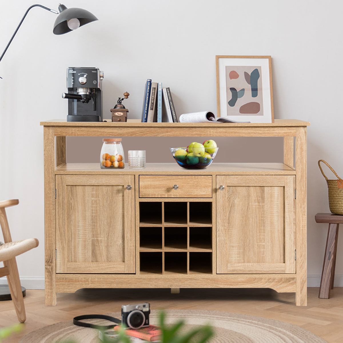 Rustic Cupboard Storage Organizer with 2 Cabinets and 1 Drawer 9-Bottle Wine Rack-Natural